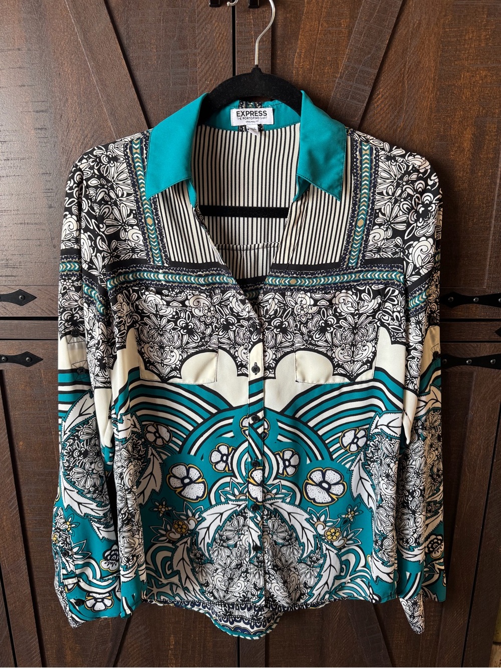 Express Teal Patterned Button-Down Shirt Small